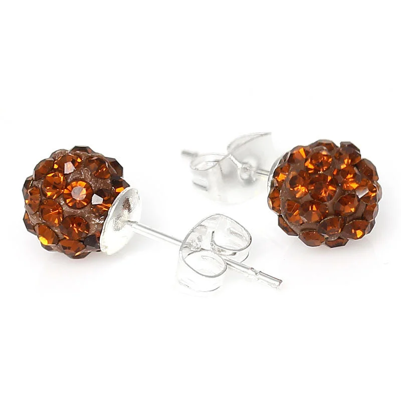 ladies fashion hoop earrings-8mm Brown Rhinestones Crystal Fireball Disco Ball Pave Bead Stud Earrings