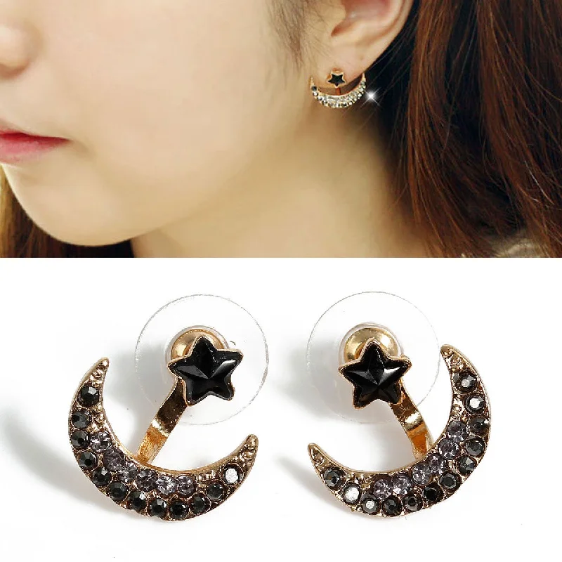 ladies large earrings-Sexy Sparkles Ear Jacket Stud Half Moon Gold Plated with Gray & Black Rhinestone Earrings Back Ear Cuffs Stud Earring