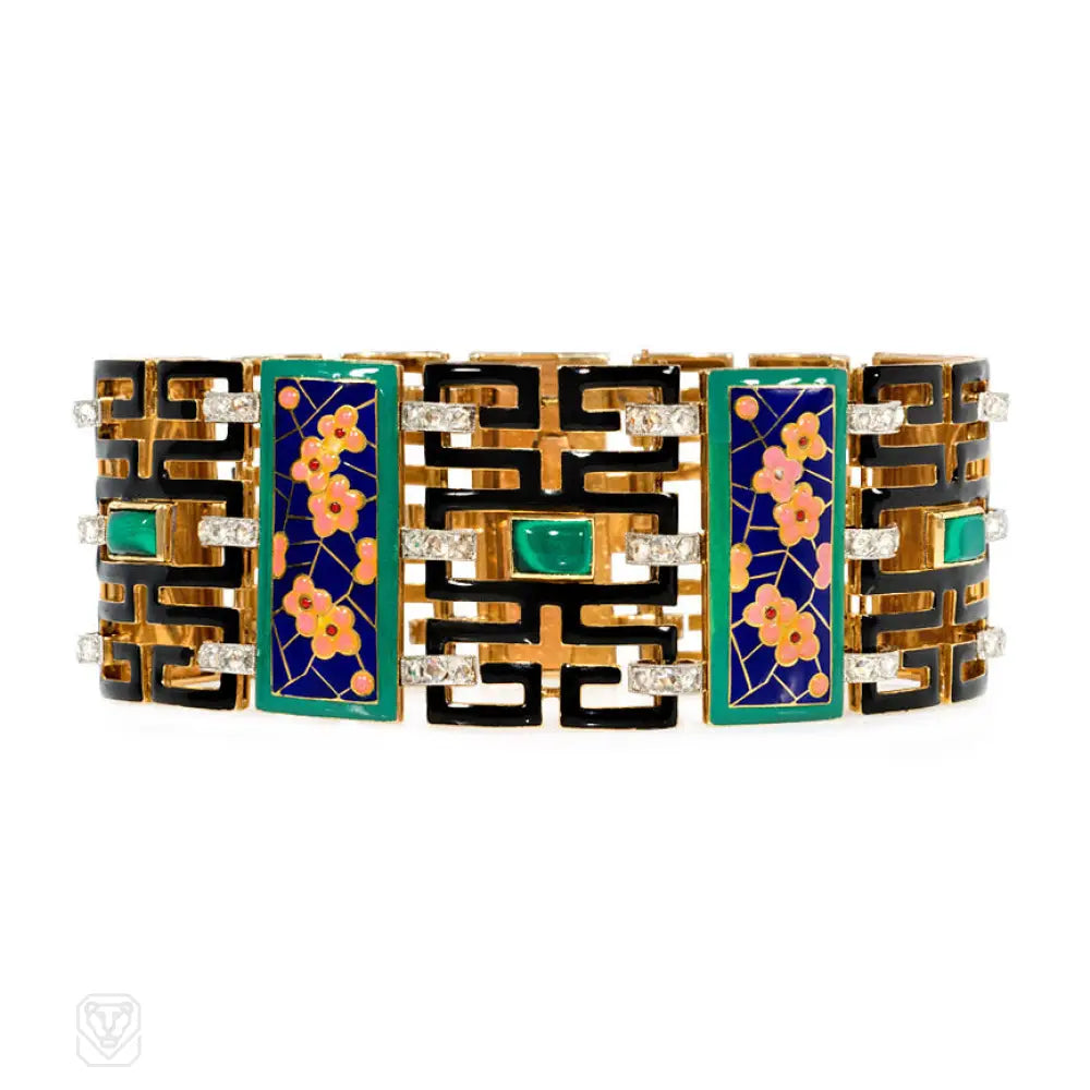 ladies simple bracelets-Art Deco Chinoiserie enamel, diamond, and malachite bracelet