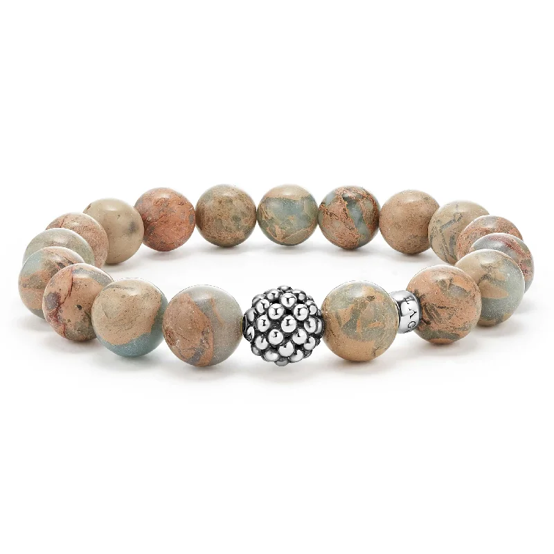 ladies sparkling bangles-Maya Aqua Tera Jasper Silver Station Bead Bracelet