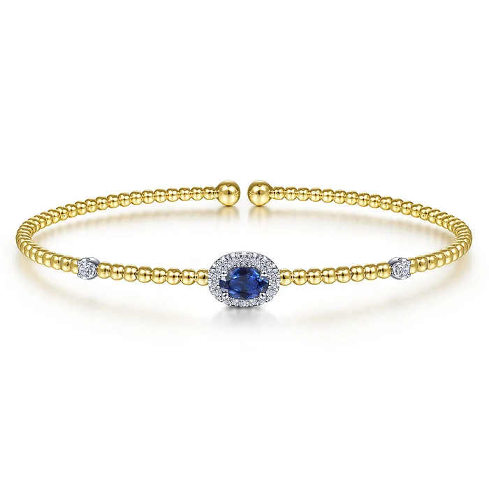 ladies chic bracelets-14K White-Yellow Gold Bujukan Bead Cuff Bracelet with Sapphire and Diamond Halo Station