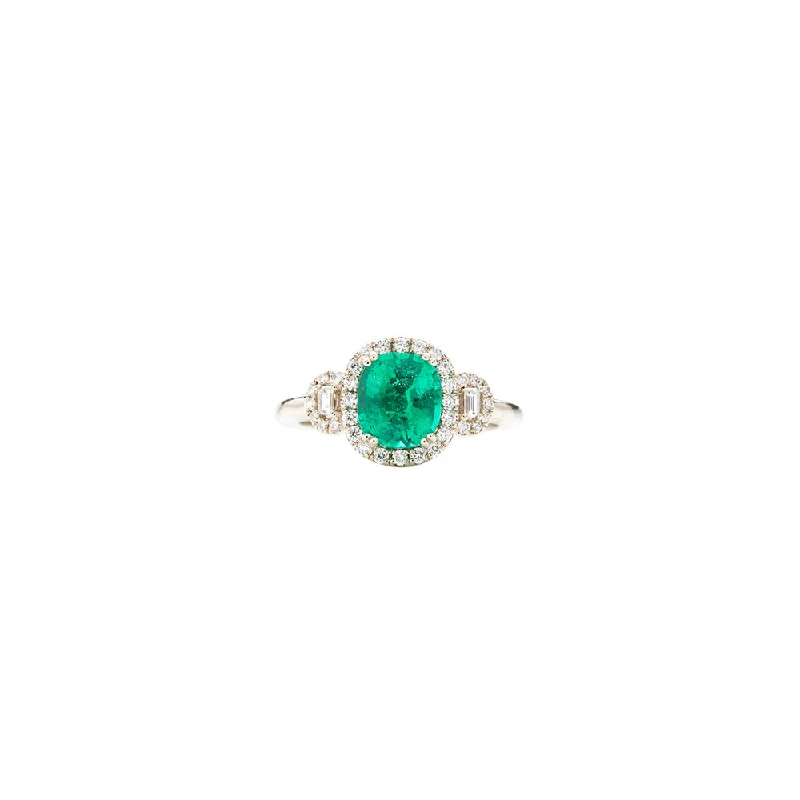 ladies floral rings-18 Karat White Gold Emerald and Diamond Ring