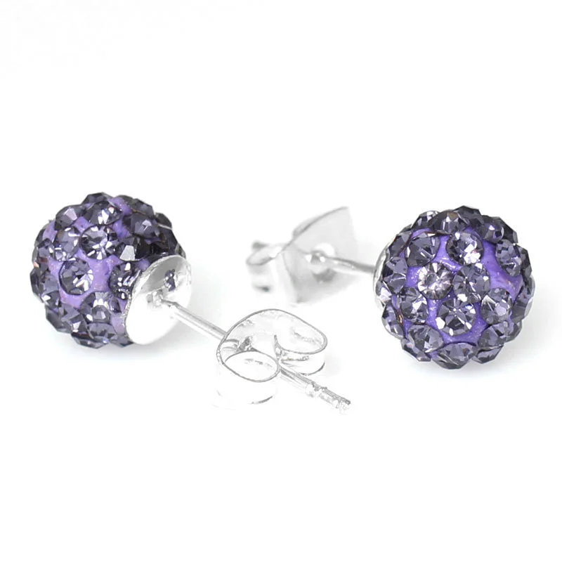 ladies luxury diamond earrings-February Birthstone 8mm Rhinestones Crystal Fireball Disco Ball Pave Bead Stud Earrings