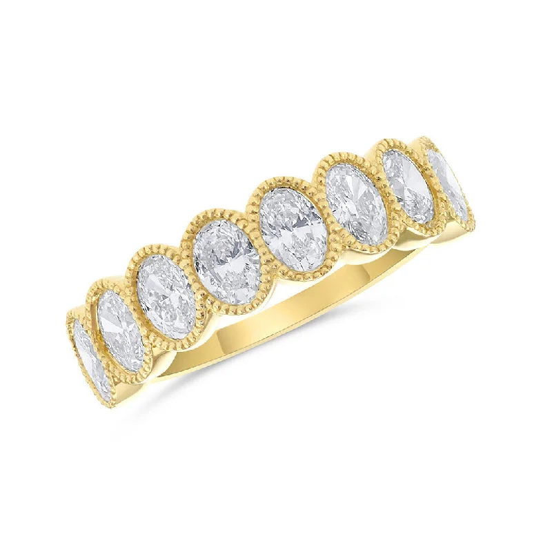 ladies chunky rings-1.62 Cttw Oval Cut Diamond Bezel-Set Milgrain 18K Yellow Gold Estate Band