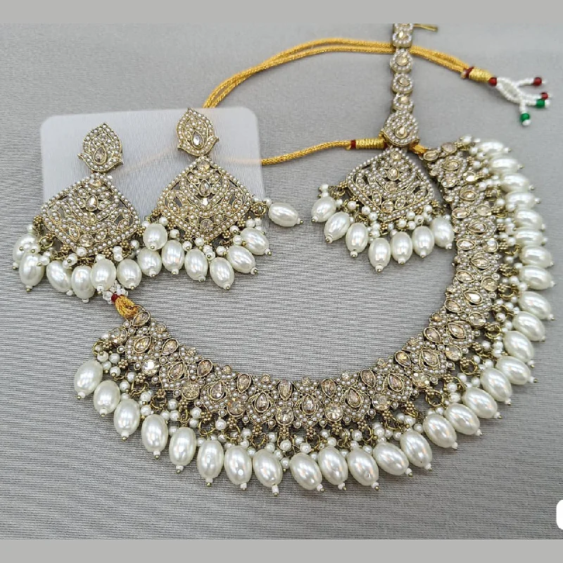 ladies layered gold necklaces-Rani Sati Jewels Gold Plated Crystal and Pearl Necklace Set