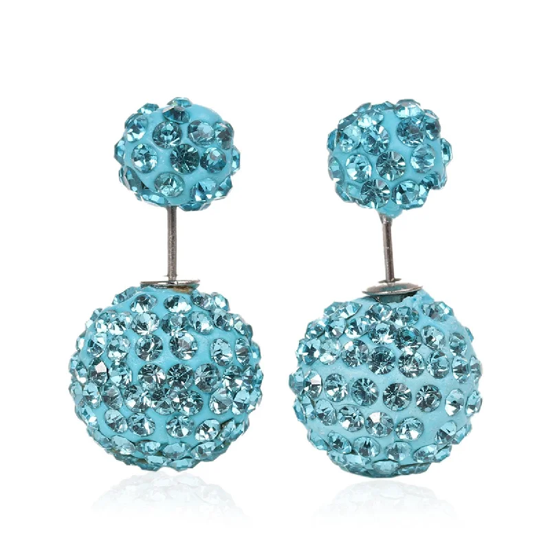 ladies two-tone earrings-Sexy Sparkles Clay Earrings Double Sided Ear Studs Round Pave Light Blue Rhinestone W/ Stoppers