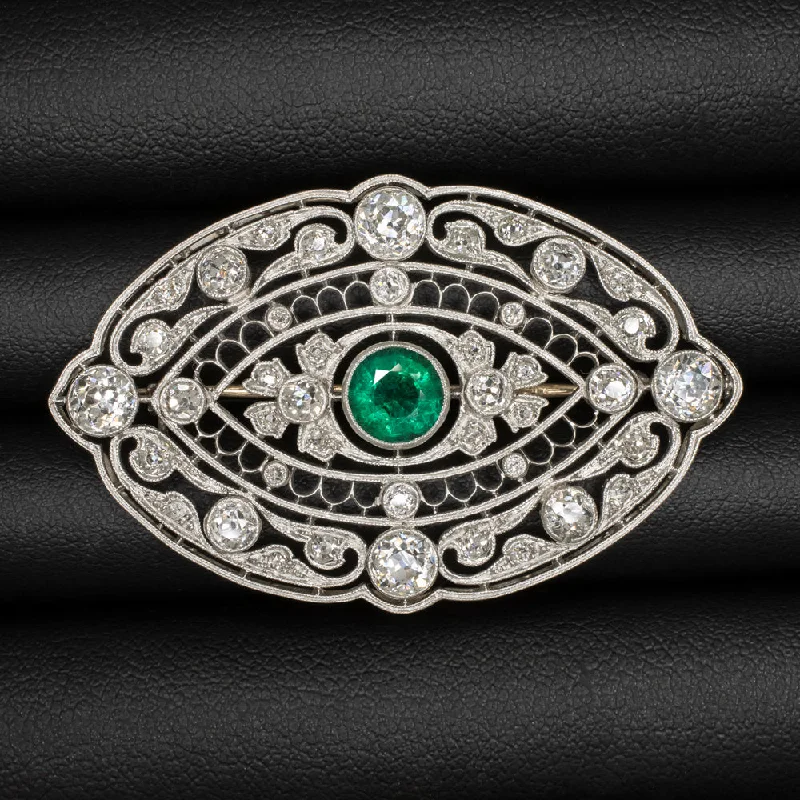 ladies bridal necklaces-ART DECO EMERALD DIAMOND PIN PENDANT OLD CUT PLATINUM VINTAGE FILIGREE NECKLACE