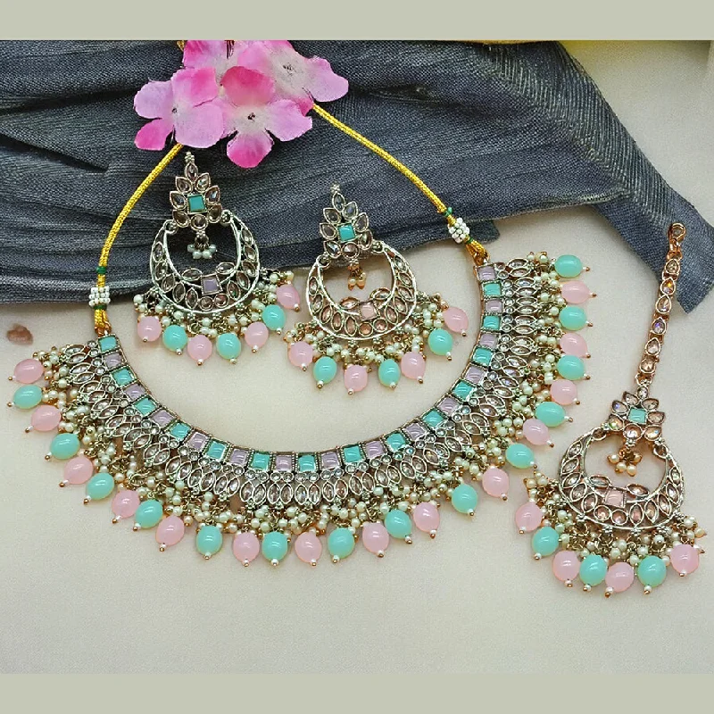 ladies luxury gold necklaces-Gehana Mahal Gold Plated Crystal Stone Pearl And Beads Necklace Set