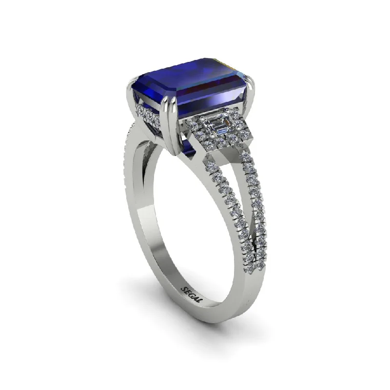 diamond halo engagement rings for ladies-Split Shank Emerald Cut Sapphire Designer Engagement Ring - Ursula No. 15