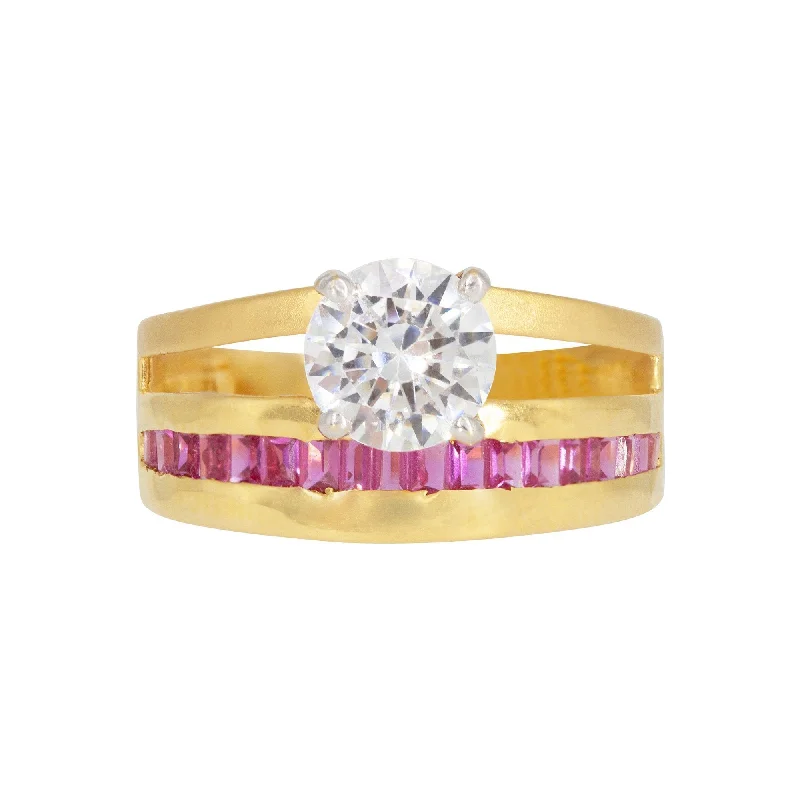 ladies bridal rings-22K Yellow Gold Ring W/ Cubic Zirconia Solitaire & Ruby Baguettes