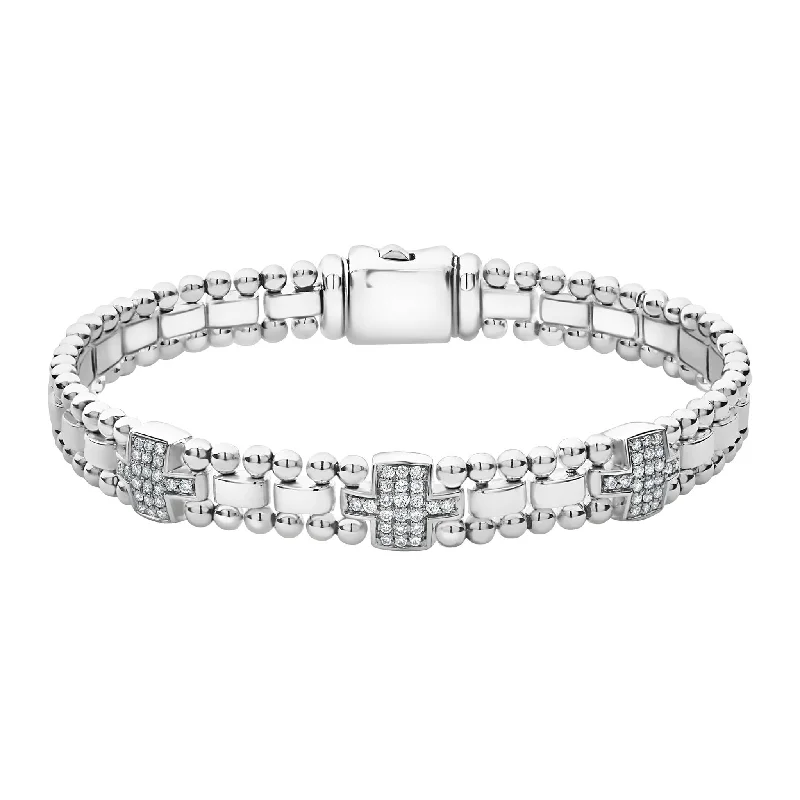 ladies sparkling charm bracelets-Caviar Spark Three Station Diamond Link Bracelet