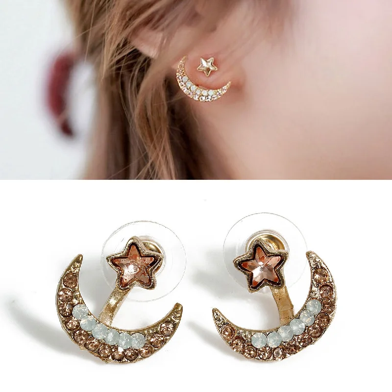 ladies gold drop earrings-Sexy Sparkles Ear Jacket Stud Earrings Back Ear Cuffs Stud Earring