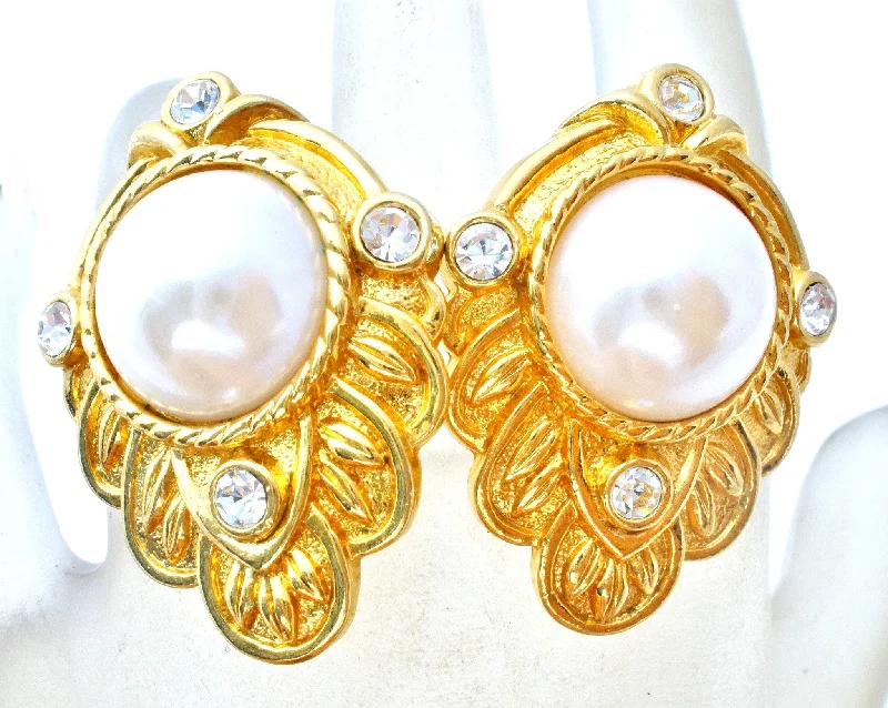 ladies flower earrings-KJL For Avon Pearl & Rhinestone Earrings