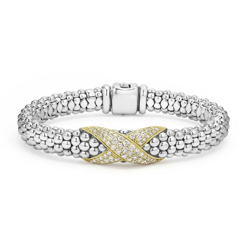 ladies trendy bracelets-Embrace Two-Tone Diamond X Caviar Bracelet | 9mm