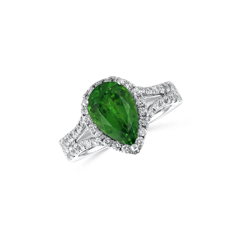 ladies luxury rings-14K White Gold 2.59 CT Pear Tsavorite & Diamond Halo Split-Shank Ring