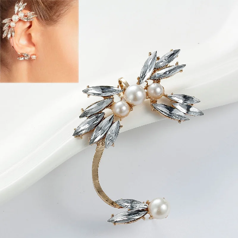 ladies floral stud earrings-SEXY SPARKLES Ear Cuff Clip On Stud Wrap Earrings For Right Ear W/Clear Rhinestones