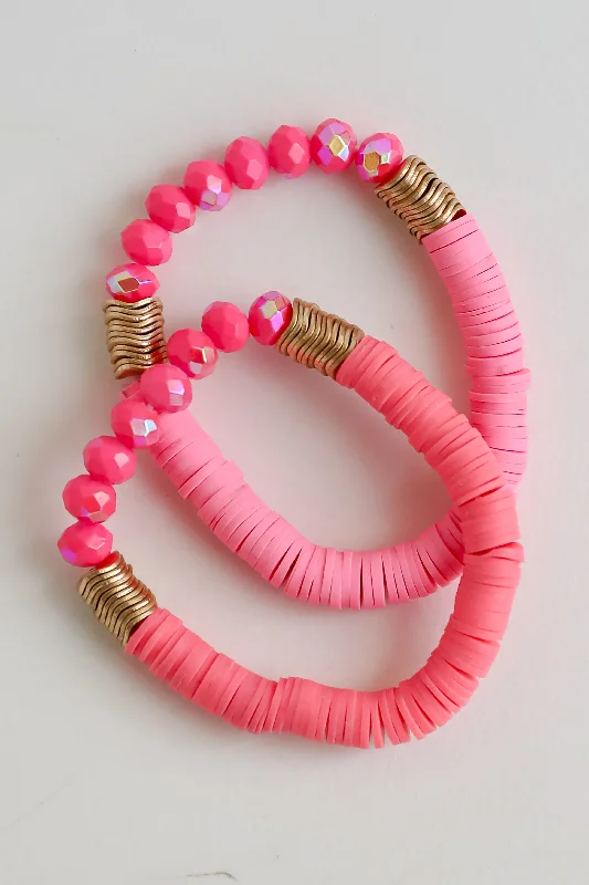 ladies friendship bracelets-FINAL SALE - Zoey Hot Pink Beaded Bracelet Set