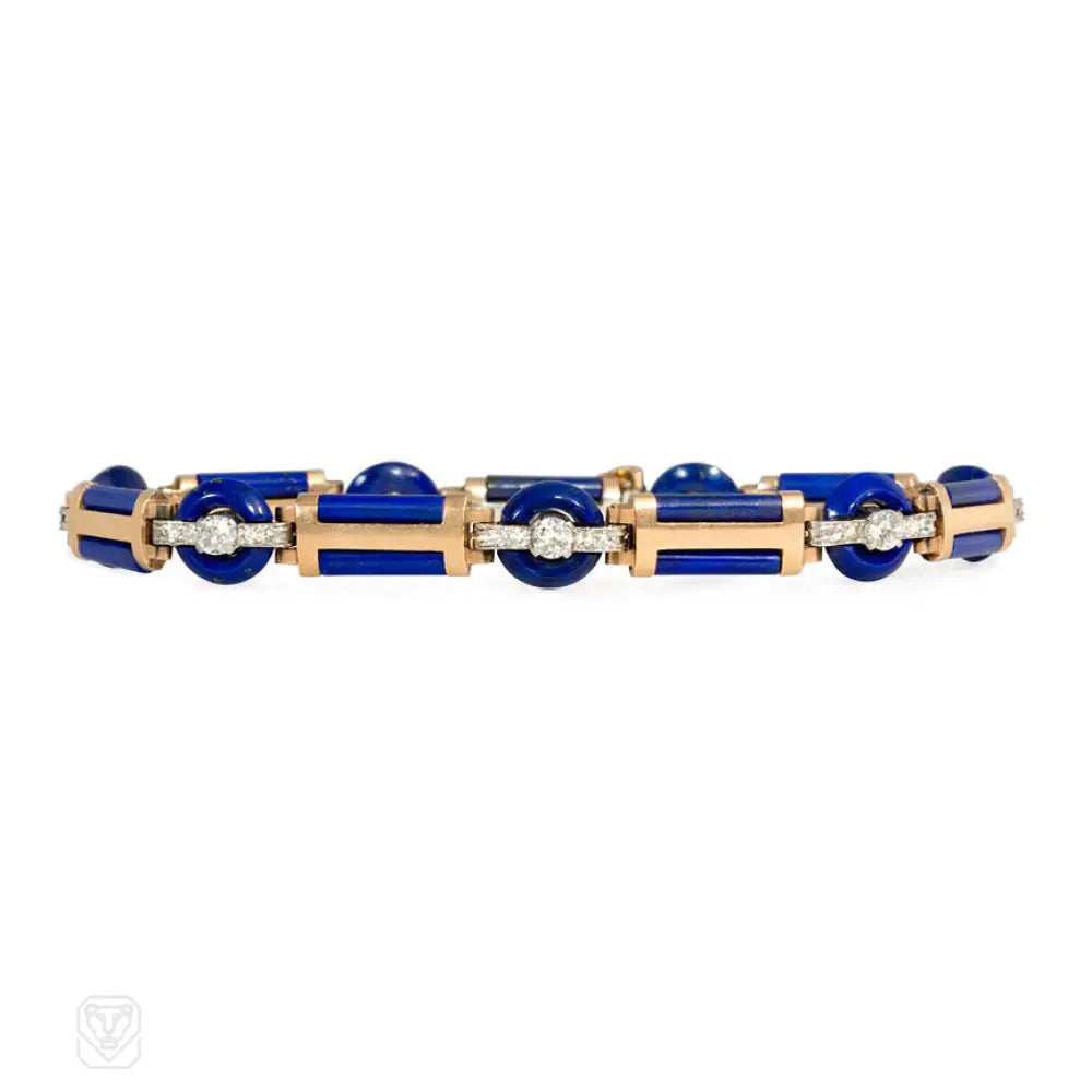 ladies pearl bracelets-Art Deco gold, lapis, and diamond bracelet