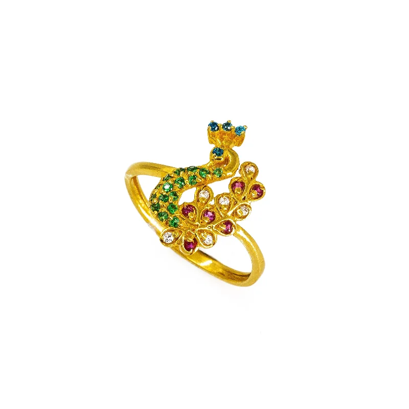 ladies engagement rings-22K Yellow Gold Peacock Ring W/ Belle Epoque CZ Encrusted Feather Design