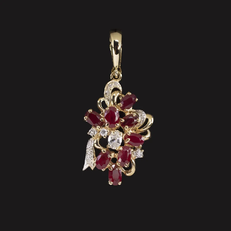 ladies crystal necklaces-VINTAGE NATURAL RUBY DIAMOND PENDANT 14k YELLOW GOLD CLUSTER ESTATE NECKLACE