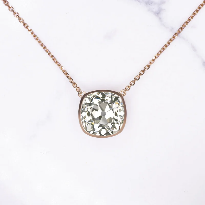 ladies casual necklaces-4.17ct GIA CERTIFIED OLD MINE CUT DIAMOND NECKLACE BEZEL PENDANT ANTIQUE CUSHION