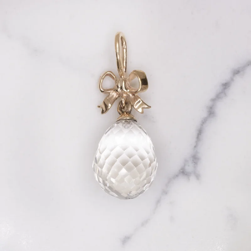 ladies bold necklaces-QUARTZ BRIOLETTE PENDANT 14k ROSE GOLD BOW TEARDROP WHITE CLEAR DROP NECKLACE