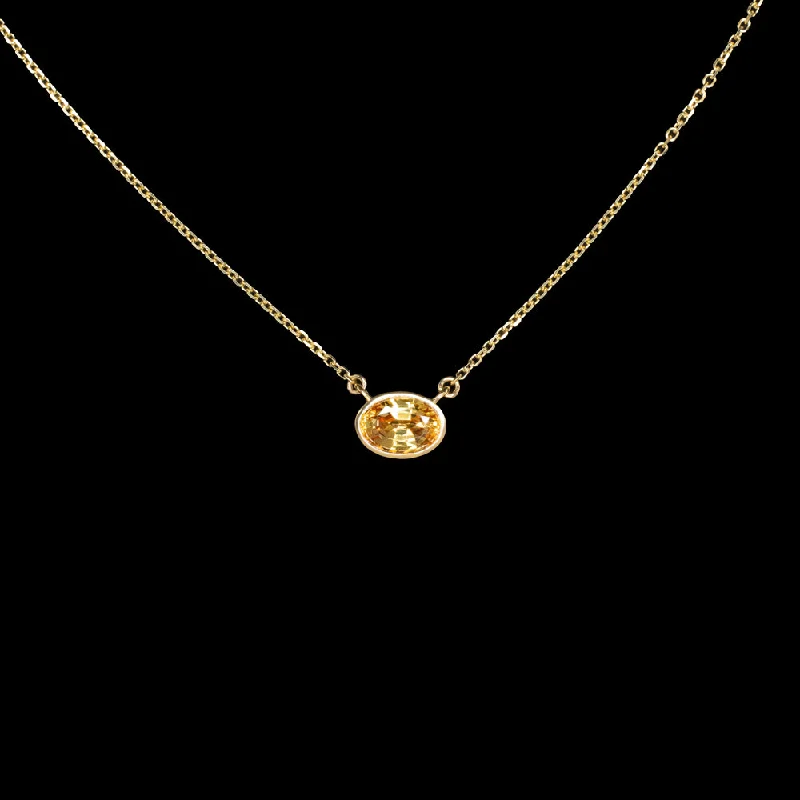 ladies luxury gold necklaces-ORANGE SAPPHIRE PENDANT NECKLACE OVAL BEZEL EAST WEST 14k YELLOW GOLD 1.18ct