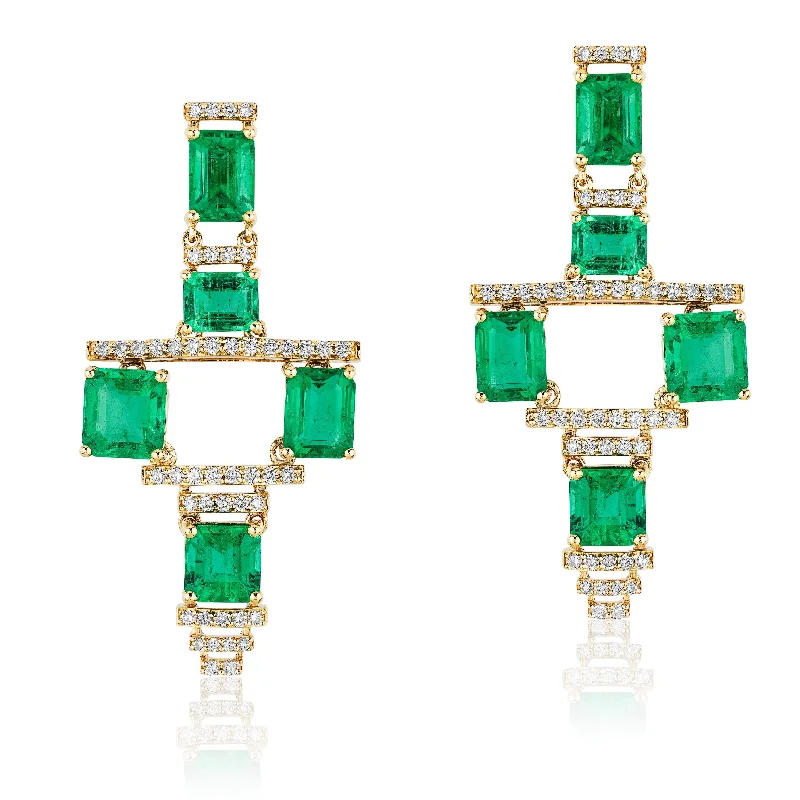 ladies handcrafted earrings-Emerald Cyborg Earrings with Diamonds