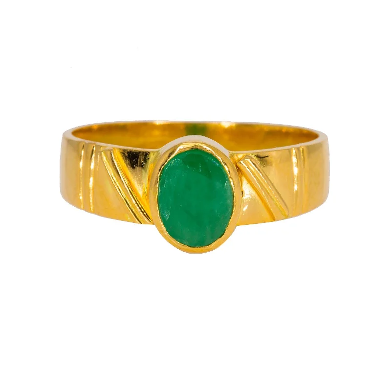 ladies silver rings-22K Yellow Gold Men's Ring W/ Emerald & Faceted Band