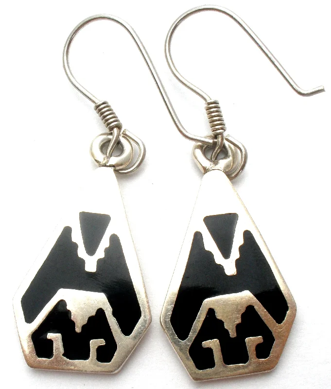 ladies designer stud earrings-Aztec Style Black Enamel Earrings Sterling Silver