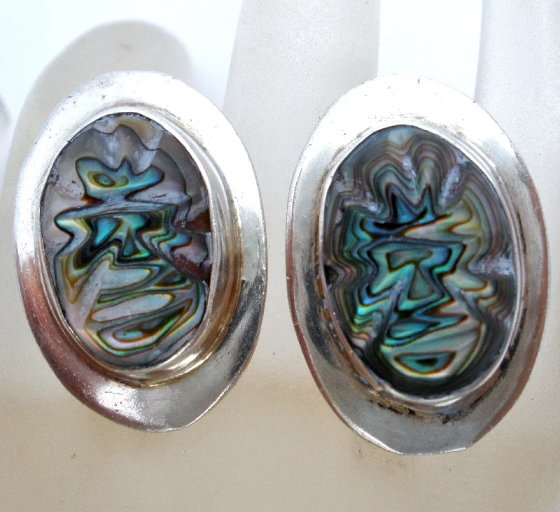 ladies hoop and stud earrings-Sterling Silver Abalone Earrings Vintage