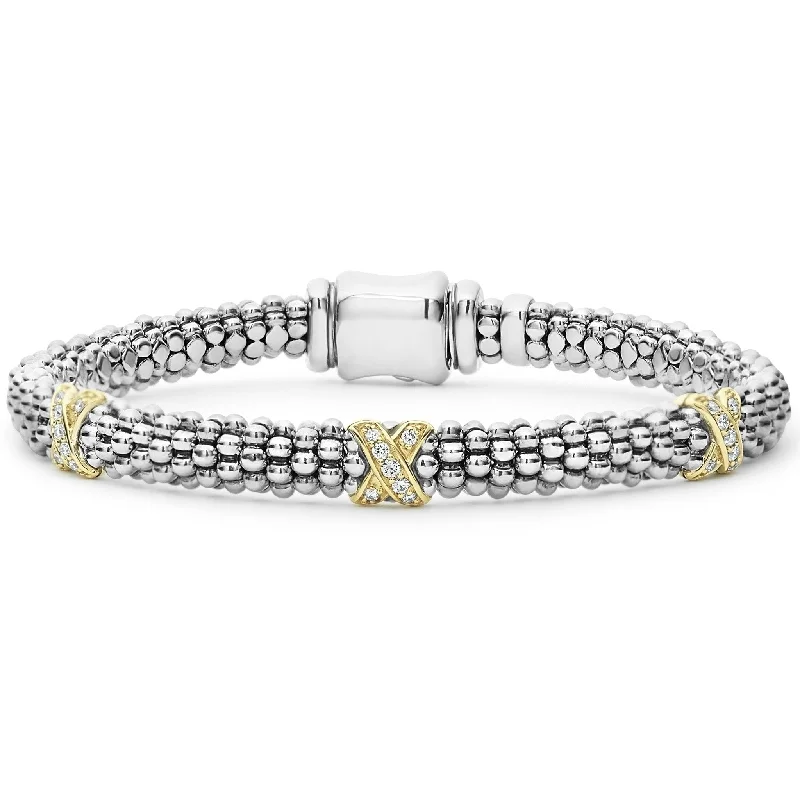 ladies wedding bracelets-Embrace Three Station Gold X Diamond Caviar Bracelet | 6mm