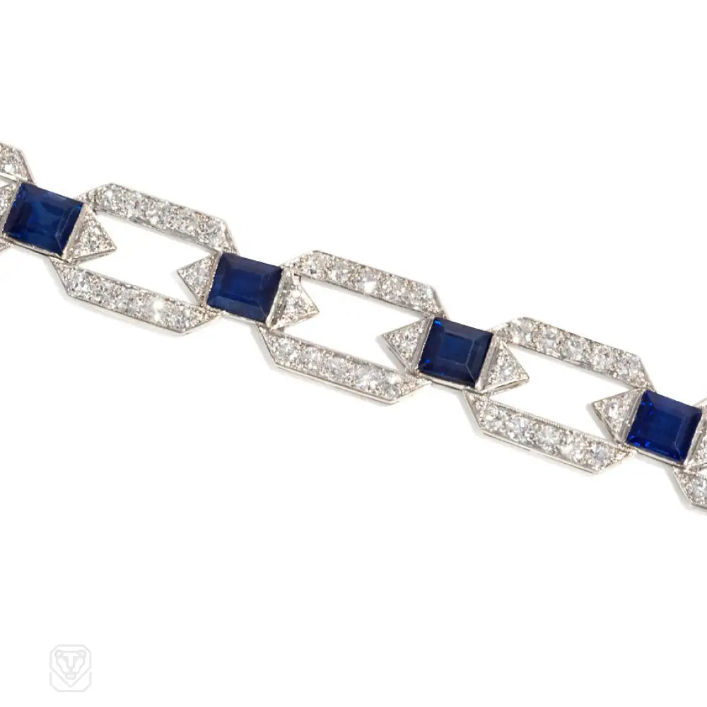 ladies bracelet for wedding-Art Deco sapphire and diamond hexagonal link bracelet