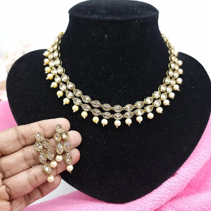 ladies luxurious pendant necklaces-JCM Gold Plated Crystal Stone And Pearls Necklace Set