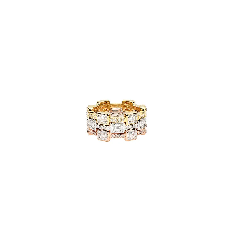 ladies custom wedding rings-Three stacking rings in 18 Karat Rose, Yellow and White gold with Round and Baguette diamonds