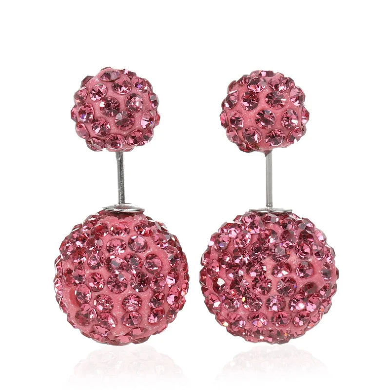 ladies luxurious earrings-SEXY SPARKLES Clay Earrings Double Sided Ear Studs Round Pave Pink Rhinestone W/ Stoppers