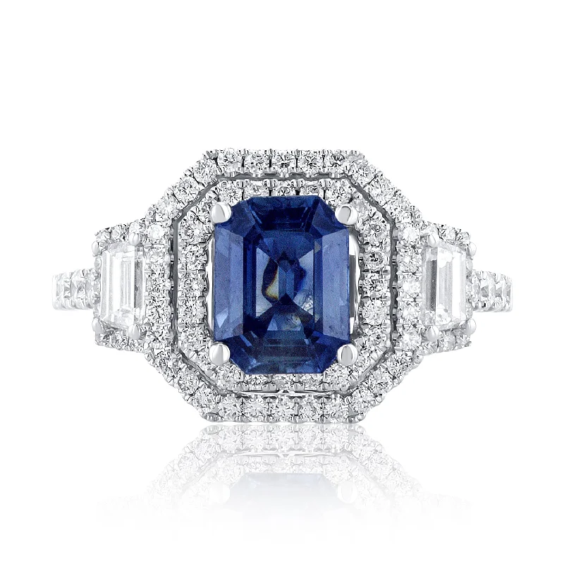 ladies custom engagement rings-1.70 CT Sapphire/1.01 TW Natural Diamond Double Halo Ring in 18K White Gold