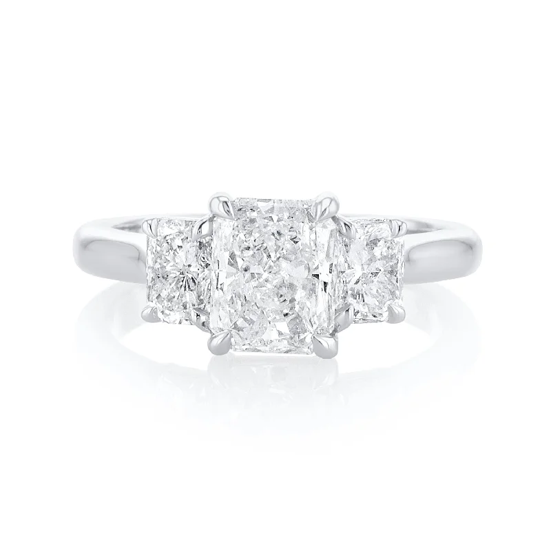 ladies adjustable rings-2.50 Carats Radiant Diamond Three Stone Ring GIA Certified set in 14K White Gold