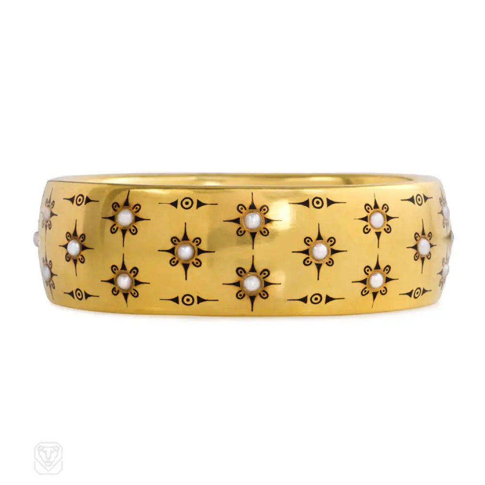 ladies wrap-around bracelets-Antique gold, half-pearl, and black enamel bracelet