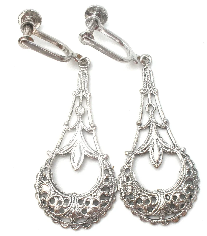 ladies round earrings-Silver Dangle Screwback Earrings Vintage