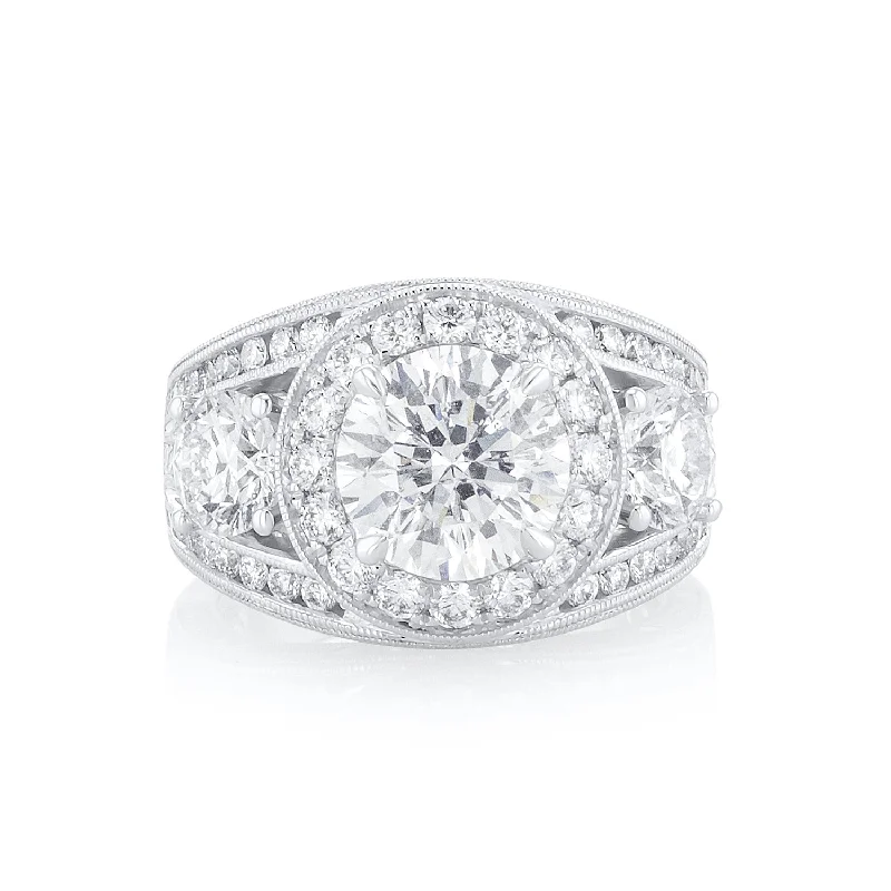 ladies statement rings-5.00 Carats Round Diamond Wide Halo Ring GIA Certified set in 18K White Gold