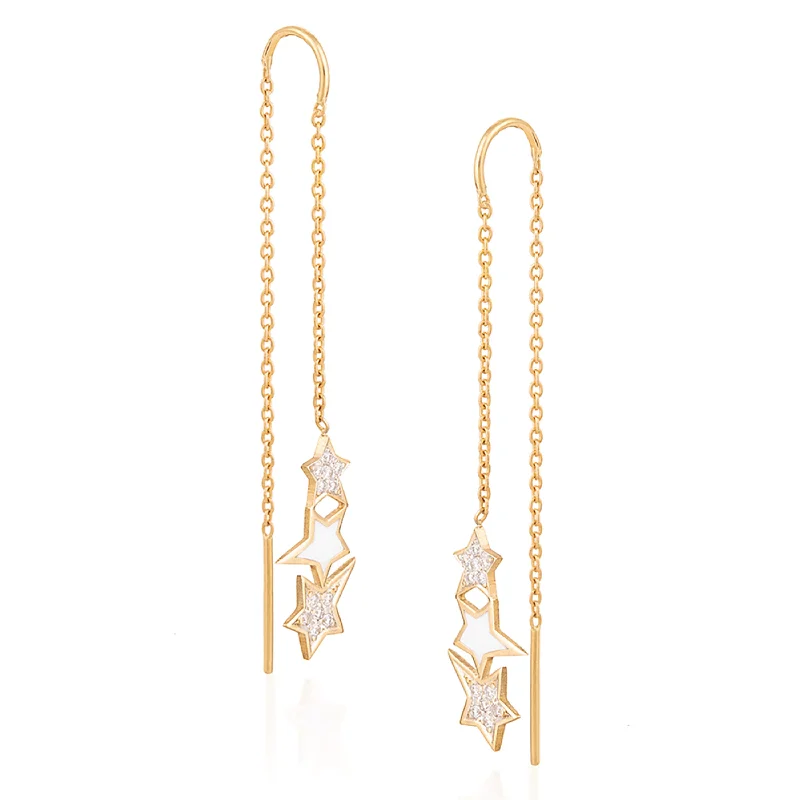 ladies gold earrings-Stars and Diamond Threader Earrings