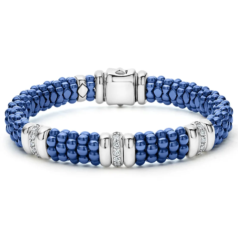 ladies bridal bangles-Blue Caviar Three Station Ceramic Diamond Bracelet | 9mm