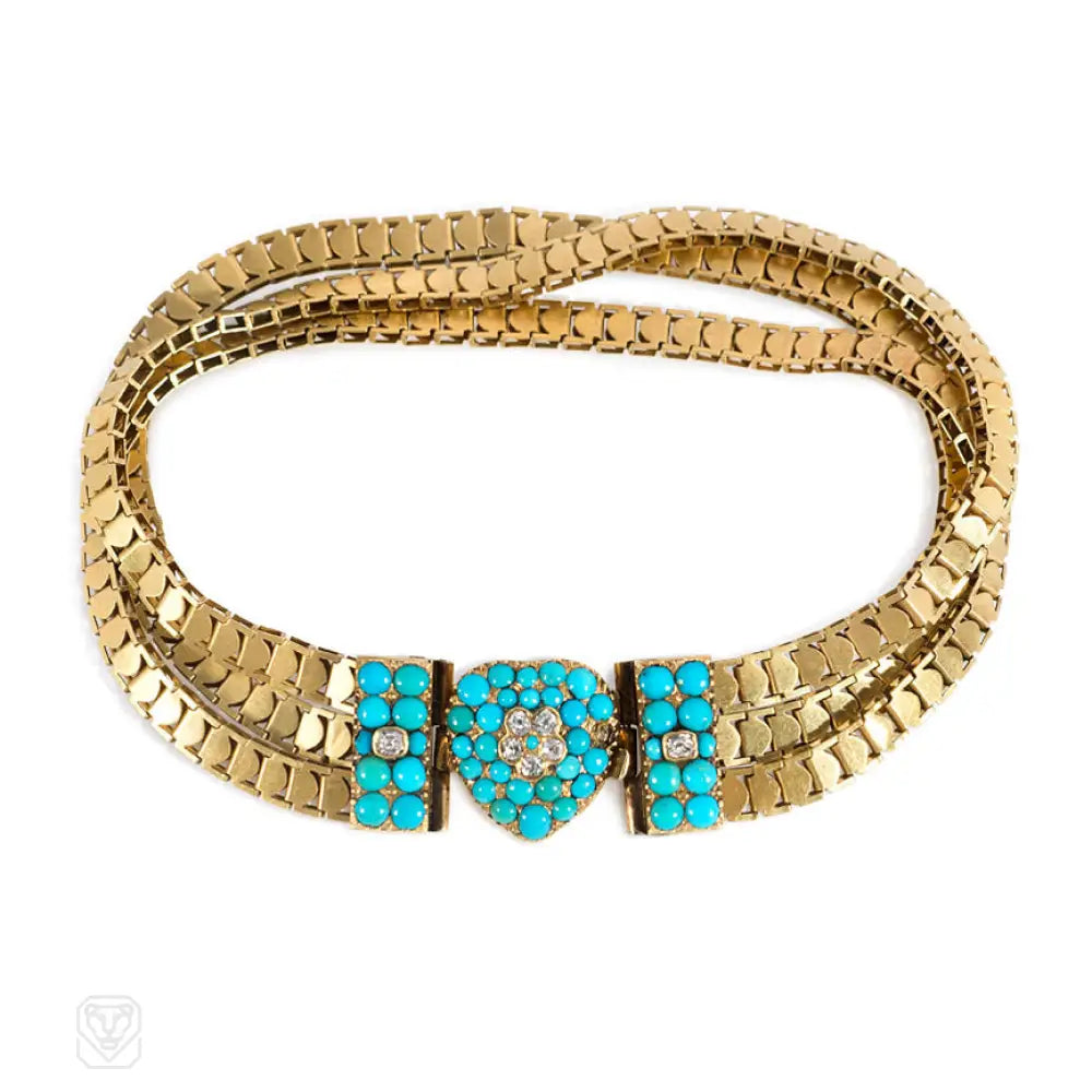 ladies pearl bangles-Antique gold and turquoise heart bracelet