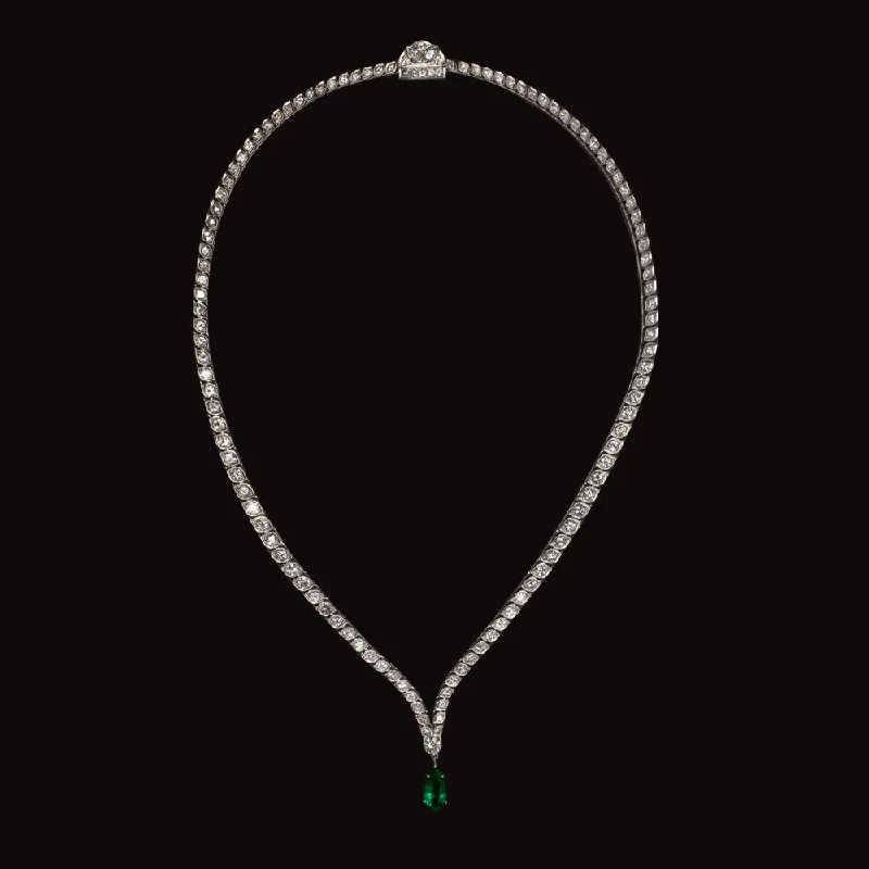 ladies creative necklaces-CHATHAM EMERALD 6.75ct NATURAL DIAMOND NECKLACE PLATINUM 39.4 gram RIVIERE DROP