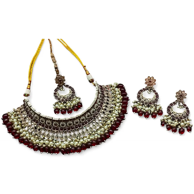 ladies colorful gemstone necklaces-Gehana Mahal Gold Plated Crystal Stone Pearl And Beads Necklace Set