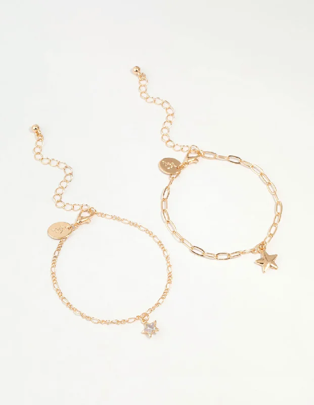 ladies solid gold bracelets-Gold Diamante Star Chain Bracelets 2-Pack