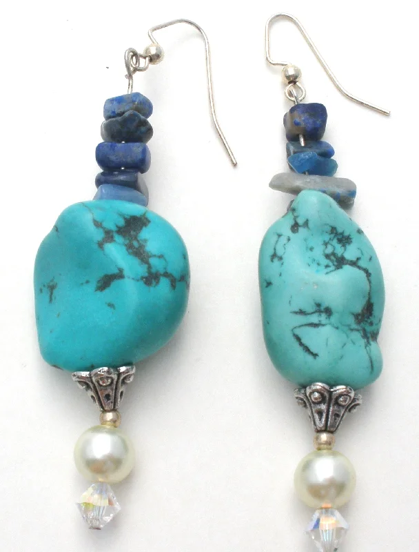 ladies colorful earrings-Turquoise Sodalite & Pearl Earrings Vintage