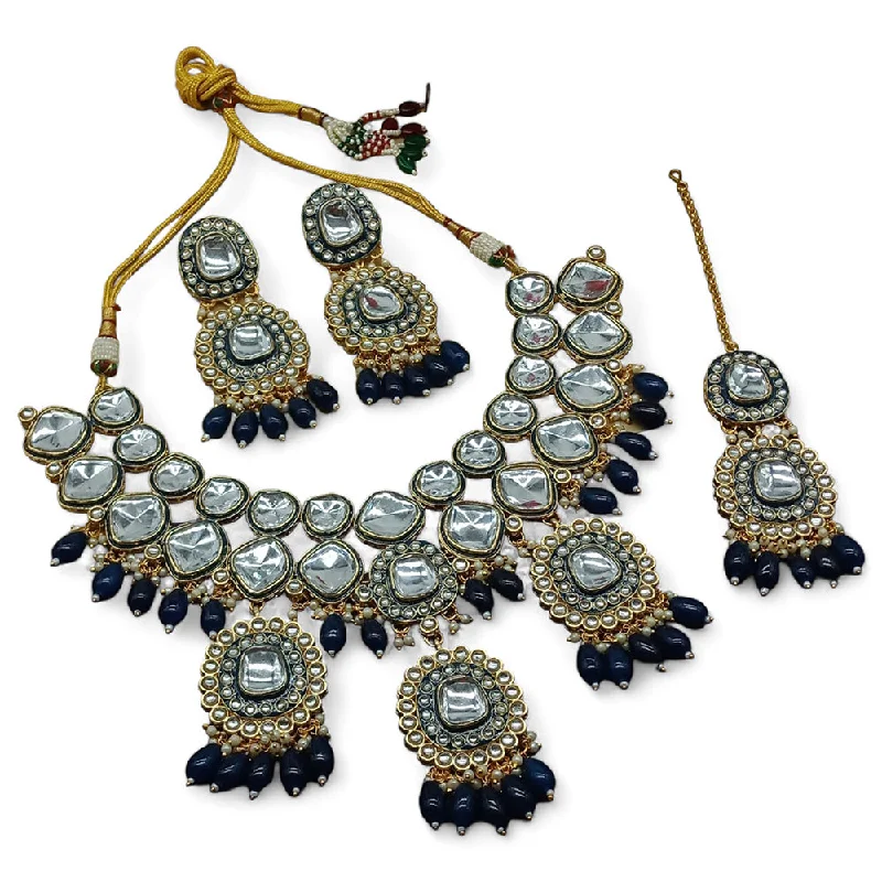 ladies symbolic necklaces-Gehana Mahal Gold Plated Kundan Crystal Stone And Beads Necklace Set