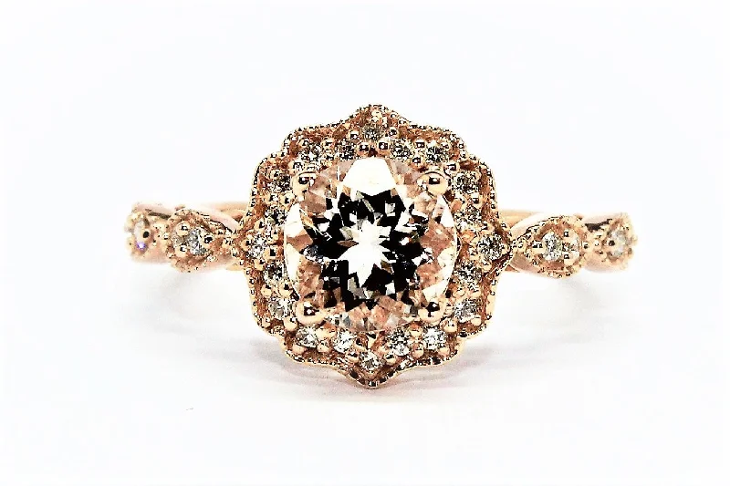 ladies custom rings-MORGANITE AND DIAMOND MILGRAIN HALO RING AD NO.1606